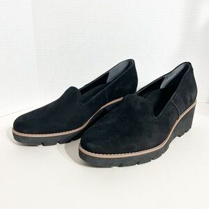 Vionic Willa Wedge Black Leather Suede Loafers Moc Wedge Slip On Shoe Round Toe